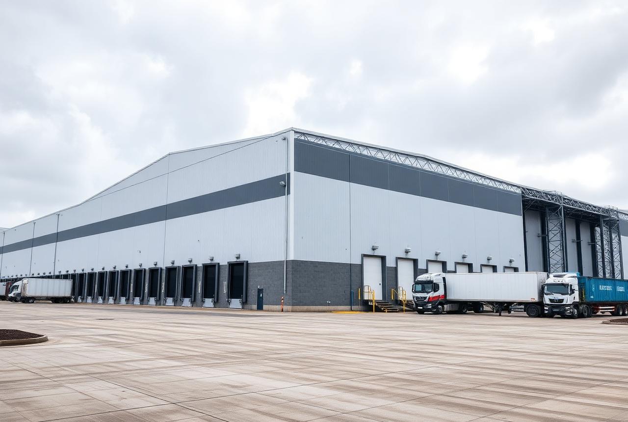 Centro logístico industrial con andenes de carga y pavimento de hormigón