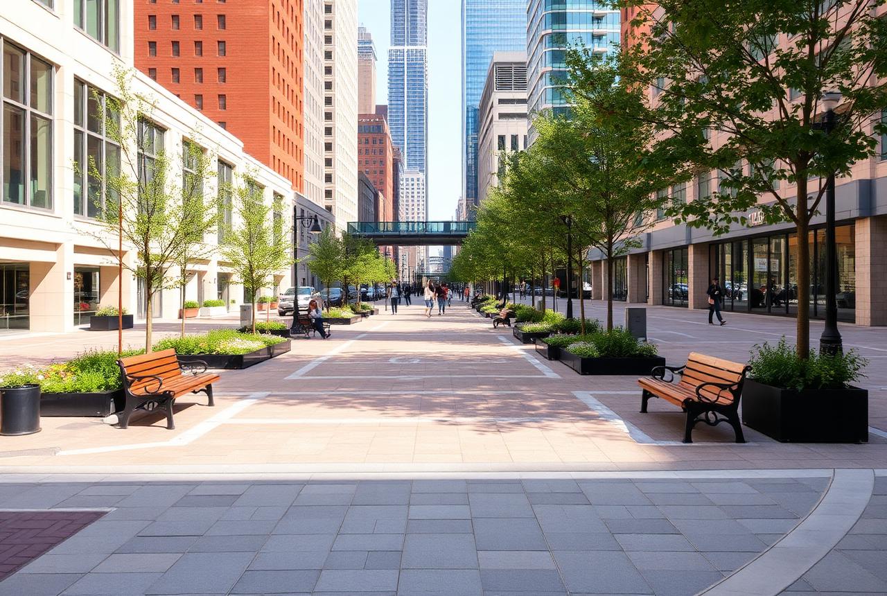 Plaza pública remodelada con pavimentos, arbolado y mobiliario urbano