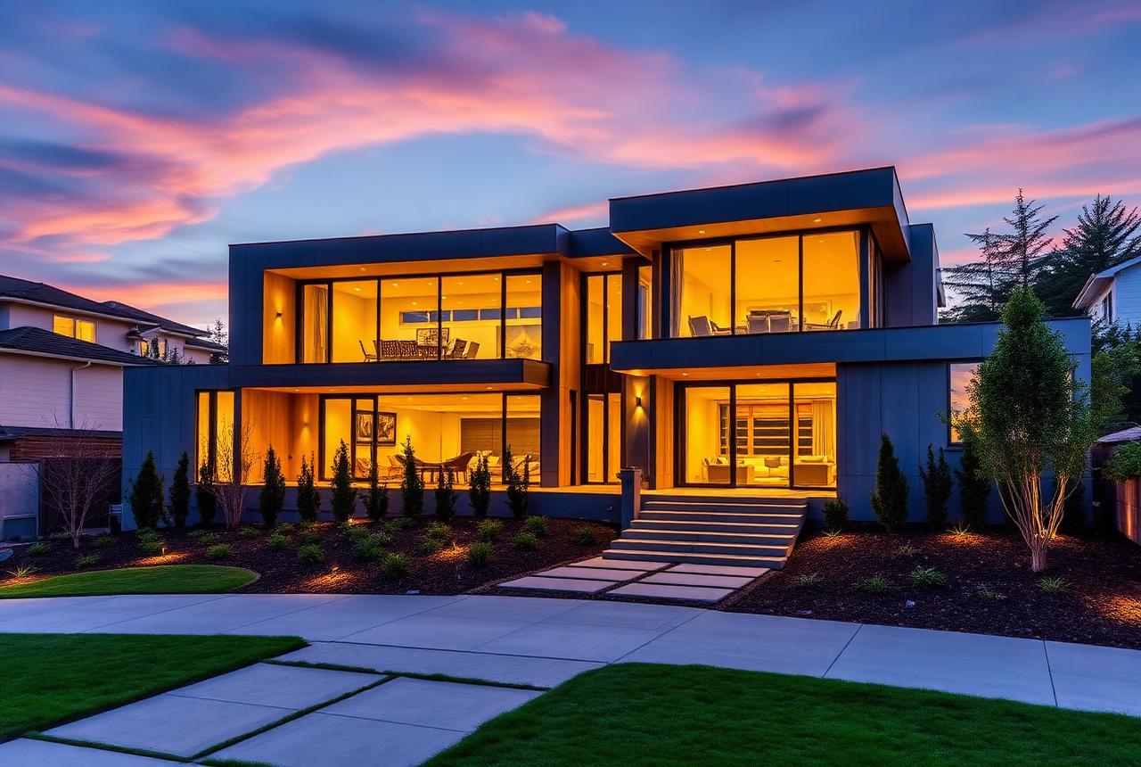Casa residencial premium de líneas contemporáneas iluminada al atardecer
